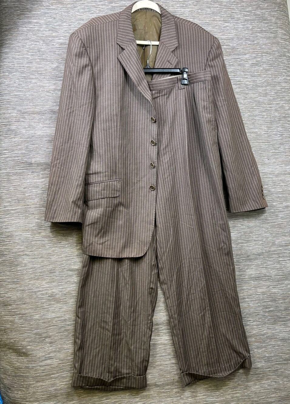 Vicci Uomo Suit Mens 48R/W42 Brown Pinstripe 2 Piece Jacket Pants Poly Rayon